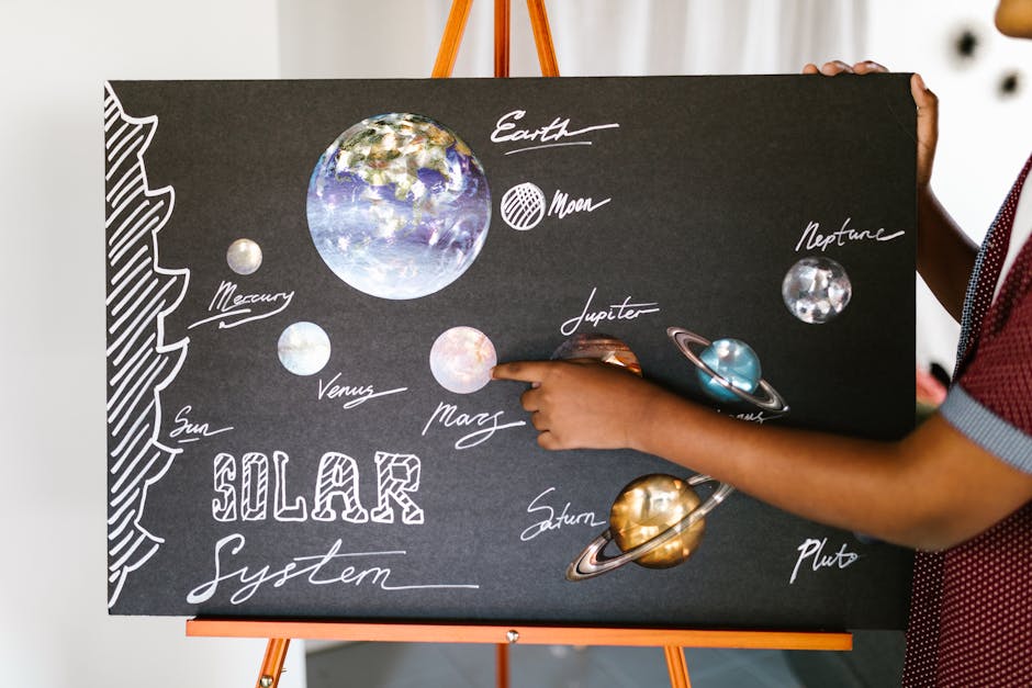 Colorful solar system poster in a classroom emphasizing planets and learning.