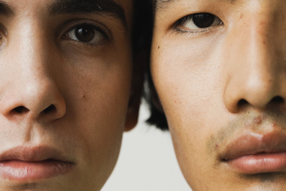 Close-up portrait showing diverse male faces side by side, focusing on eyes and expressions.
